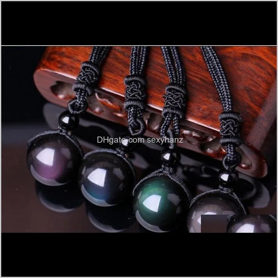 10mm natural stone black obsidian rainbow eye beads ball pendant transfer lucky love crystal jewelry with rope for women and men