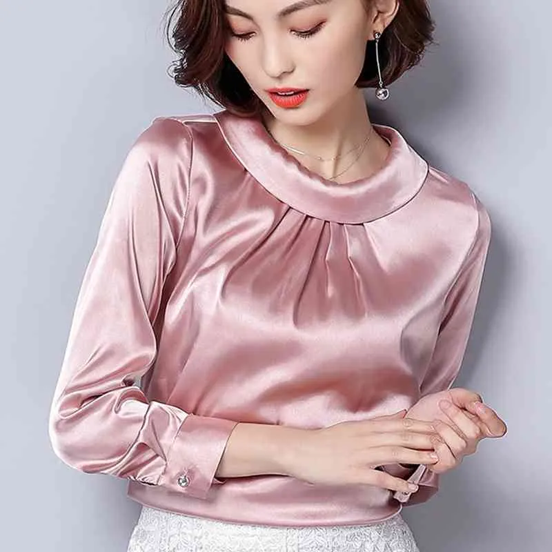 Plus Size M-XXXL Women Blouses Spring Casual Silk Blouse Loose Long Sleeve OL Work Wear Blusas Feminina Tops Shirts Pink 947F5 210420