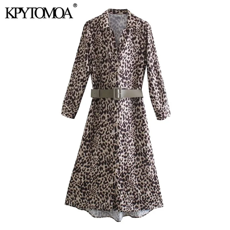 Women Chic Fashion With Belt Leopard Print Midi Dress Long Sleeve Button-up Female Dresses Vestidos Mujer 210420