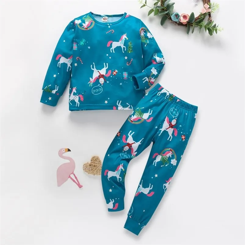 Otoño niños conjuntos moda niños manga larga o cuello impresión unicornio camiseta pantalones lindas niñas ropa 9m-5t 210629