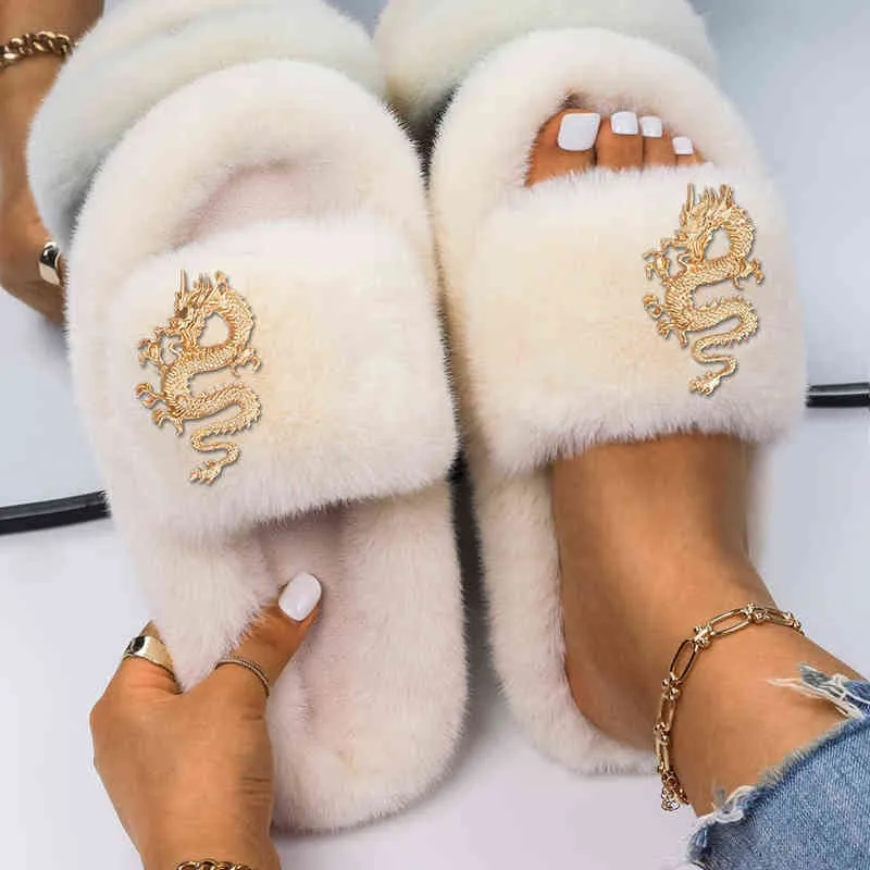 Fur Slippers Women Designer Furry Slides Ladies Flip Flops Golden Dragon Faux Fur Sandals House Slippers Luxury Brand Shoes 2022 Y220221