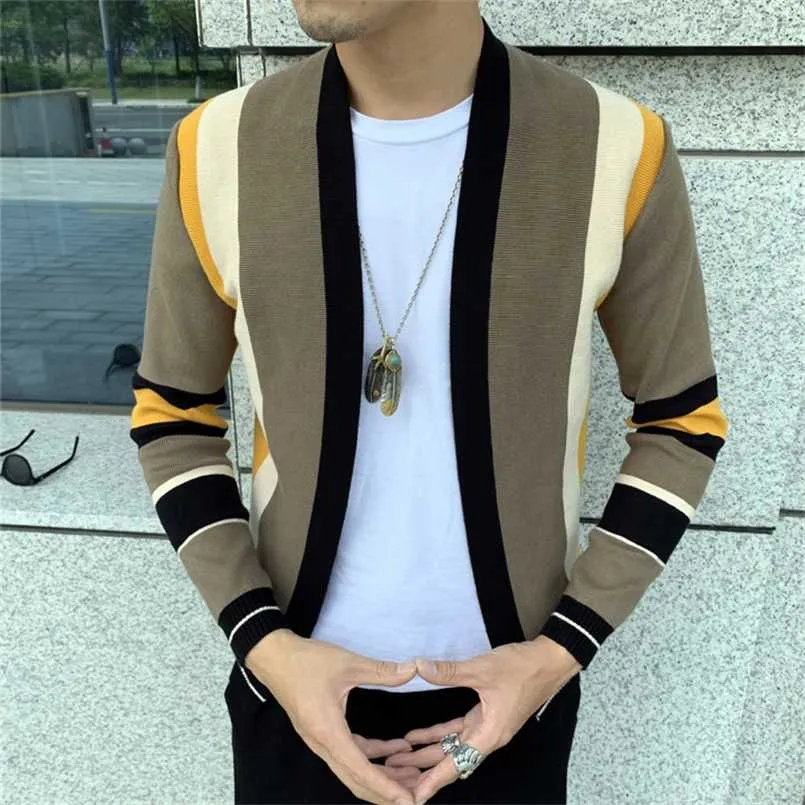 Splicing Contrast Sweater Coat Casual Men coat Tricot Cardigan Knitted Casaco Masculino Hombre 210930