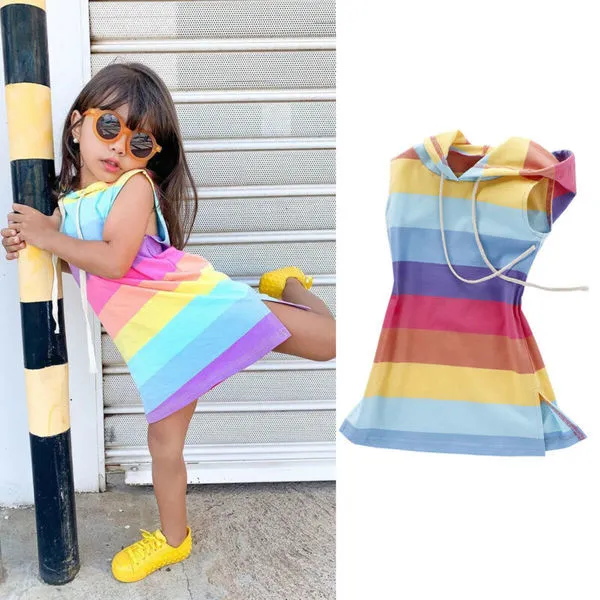 2020 neue Kind Mädchen Regenbogen Baby Mädchen Sommer Kleidung Bunte Streifen Outfit Mit Kapuze Kleid Sunsuit 1-7Y Q0716