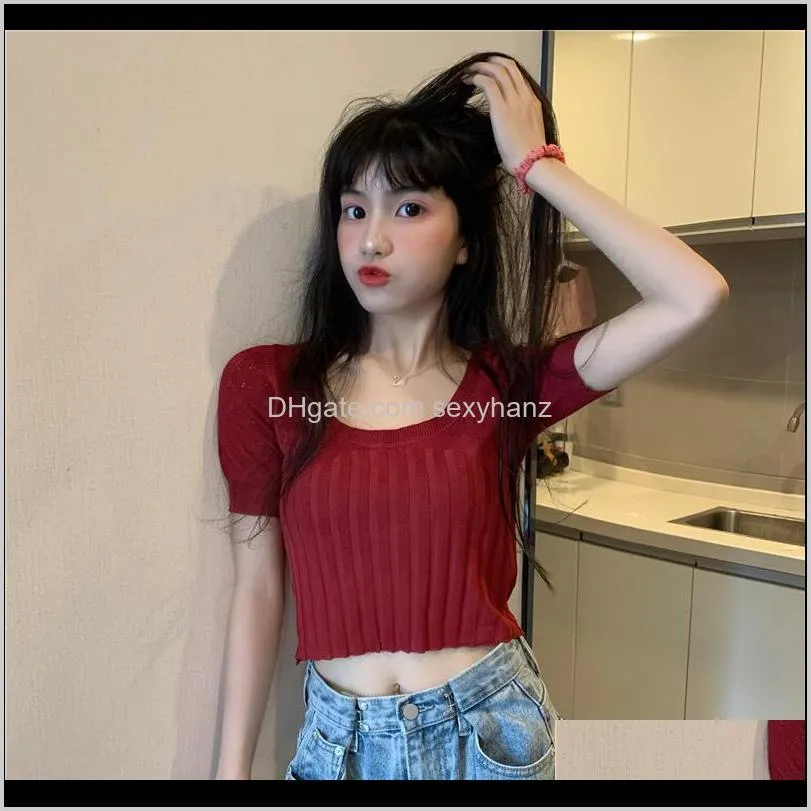 2020 new style summer online celebrity navel short tops women tight square collar off-shoulder knitted short-sleeved t-shirt ins1