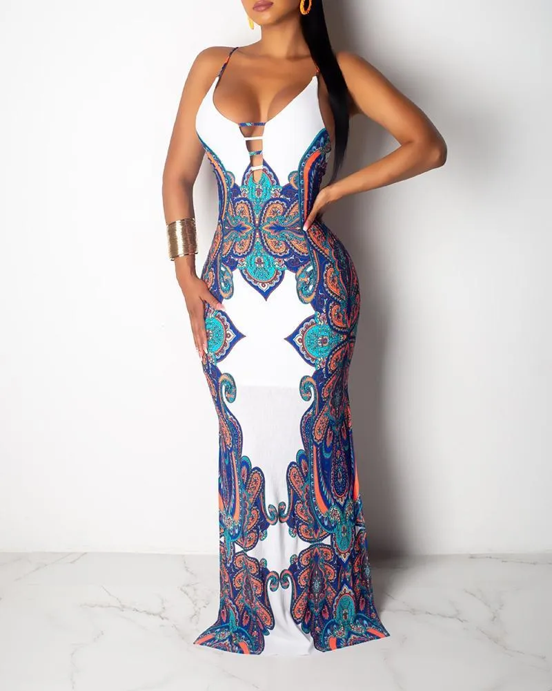 ファッション女性夏のエレガントなプリントカットアウトクリッスクロスバックマキシドレスレディVネックスパゲッティストラッププラスサイズドレス特大210415