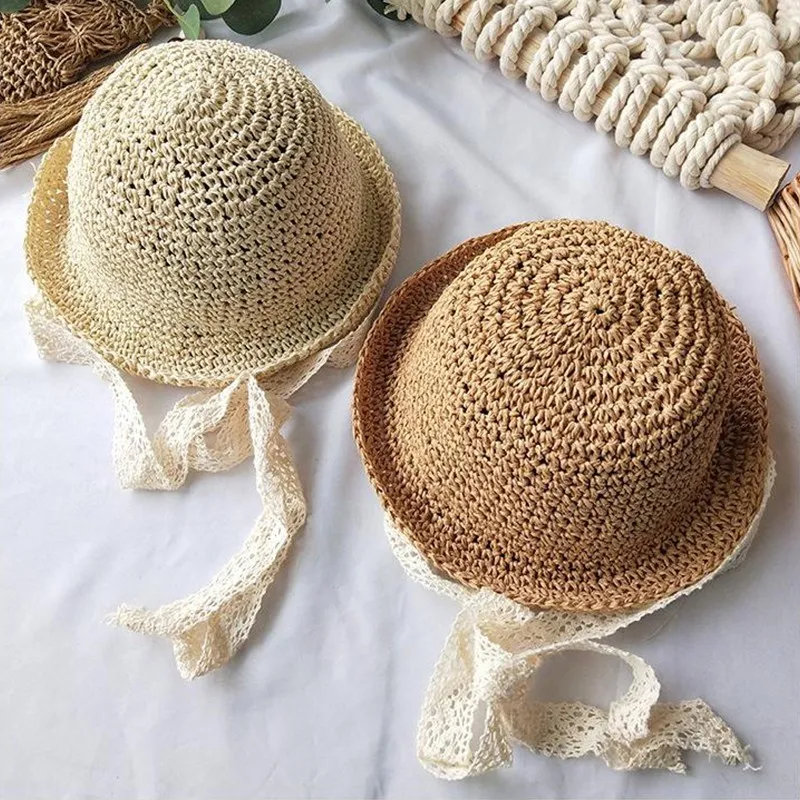 Été coréen bébé garçon fille chapeaux de paille dentelle sangle Crochet enfants à la main pliable chapeau de soleil dentelle plage soleil extérieur chapeau 210413