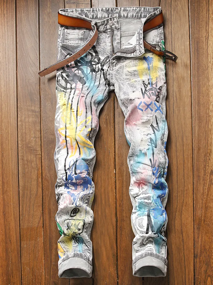 Граффити мужские джинсы разорванные стройные брюки Pantalones para hombre vaqueros