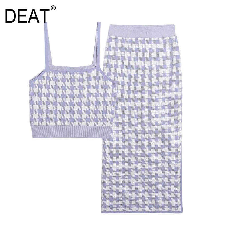 [Deat] zomer mode mouwloze lattice tank tops knielengte breien rokken vrouwen tweedelige pak 13Q585 210527