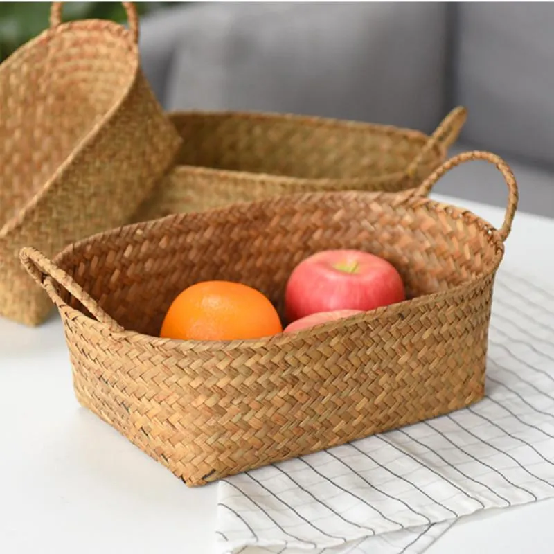 Förvaringskorgar 3st Seagrass Boxes Wicker Rattan Finishing Basket With Handtag Sundries Cosmetic Thandduk Container Toys Organizer