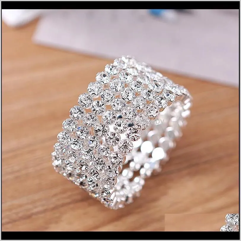 high quality 5 row wide bridal wedding cuff bangle bracelet big crystal rhinestone stretch wristband new fashion jewelry accessory for