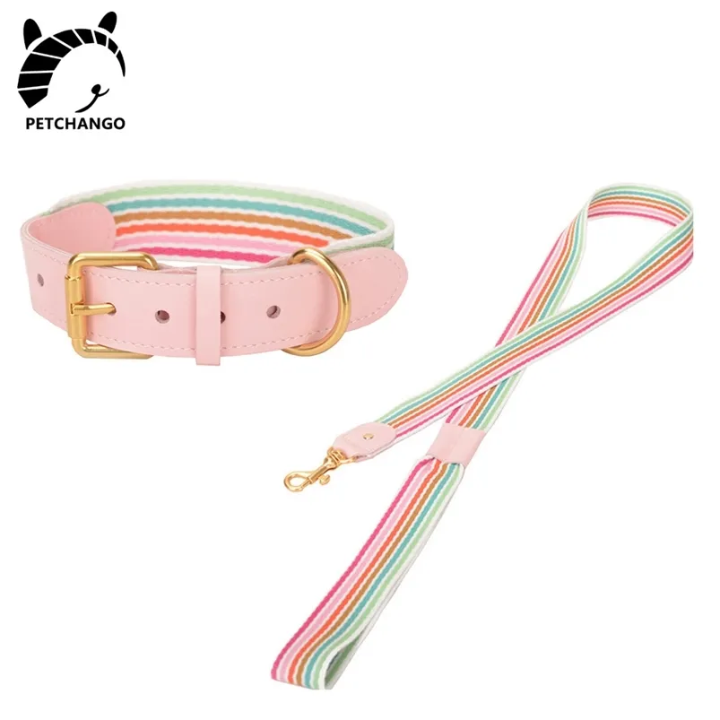 Leather & Cotton Webbing Dog Collar Genuine Leather Collar Leash Set for Dogs Small Medium Large Adjustable Pet Dog Accessories 210729