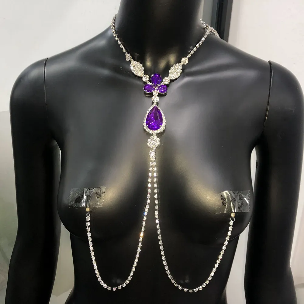 Green Crystal Non Piercing Nipple Chain Necklace, Sexy Body