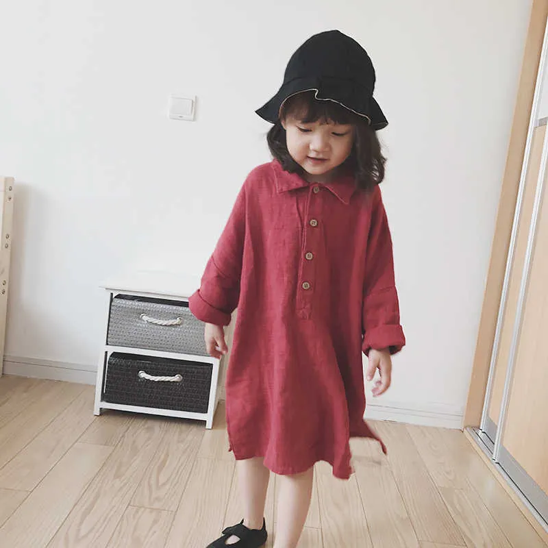 Filles Style coréen chemise robe automne nouveaux enfants couleur unie à manches longues décontracté robes amples WTA38 Q0716