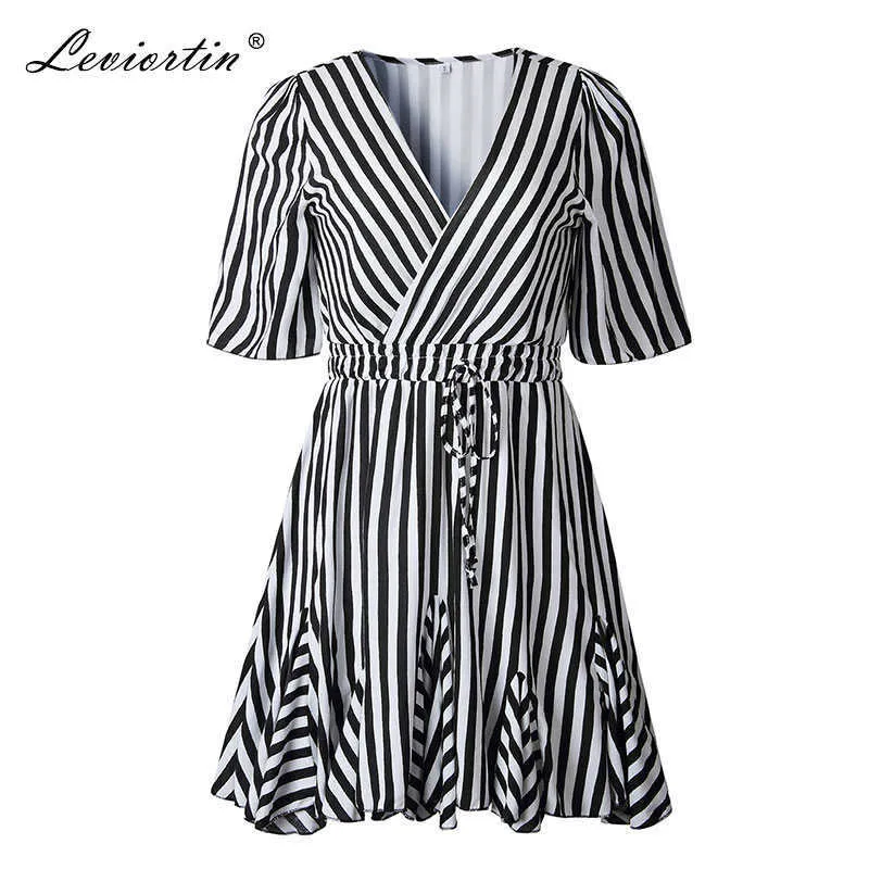 Leviortin с коротким рукавом полосатая печать платье лето V-образным вырезом Boho пляжные платья женщин повседневная a-line мини-вечеринка платье Vestidos 210527