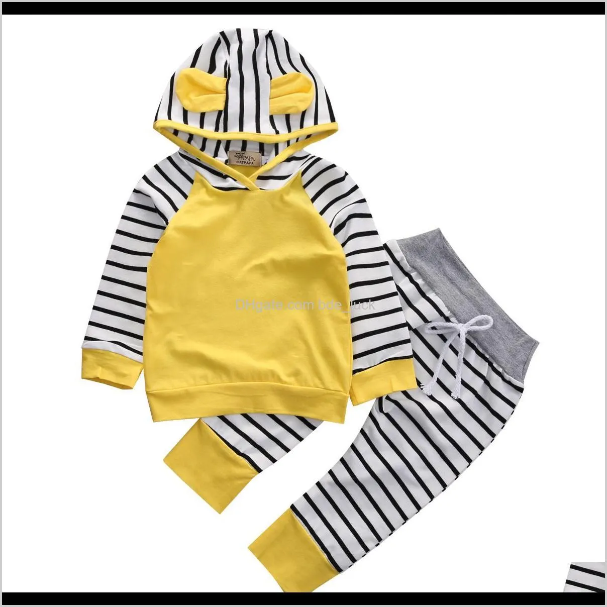 2pcs Baby Boys Girls Sport Autumn Yellow Cotton Long Sleeve Hooded Sweatshirt Top +Long Striped Pants Outfits Clothing Set