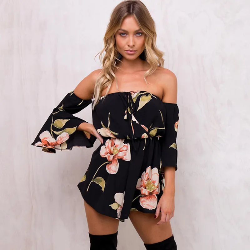 Summer Floral Print Elastic Waist Short Chiffon Jumpsuit Women Flare Sleeve Boot Cut Sexy Strapless Romper 210419