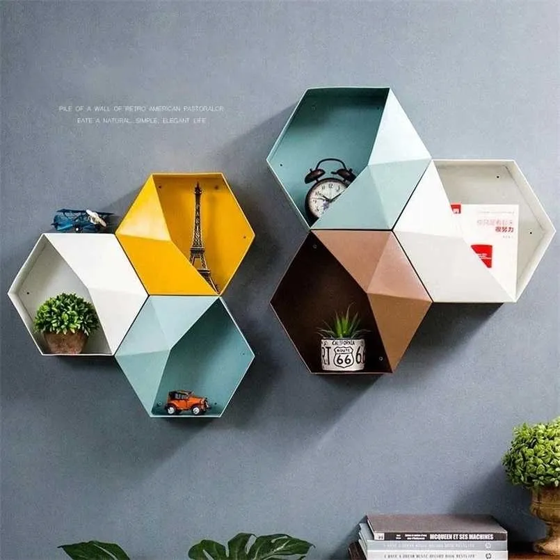 Hexagon Wall Shelves Storage Box Holders Honeycomb Geometric Shelf Decor for Nordic Living Bedroom Rack 211112