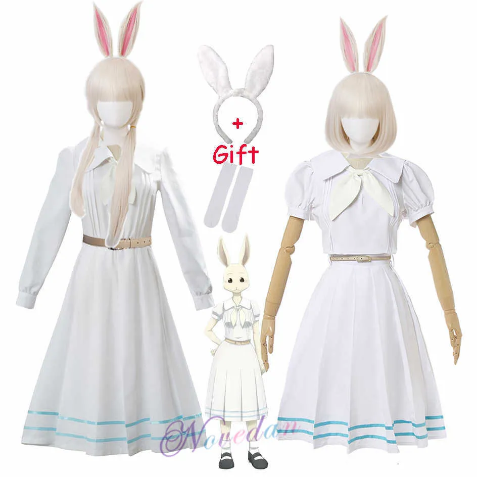 새로운 애니메이션 코스프레 Beastars Haru Costume Lolita Dress 가발 여자 일본 학교 유니폼 백색 토끼 할로윈 의상 Q0821