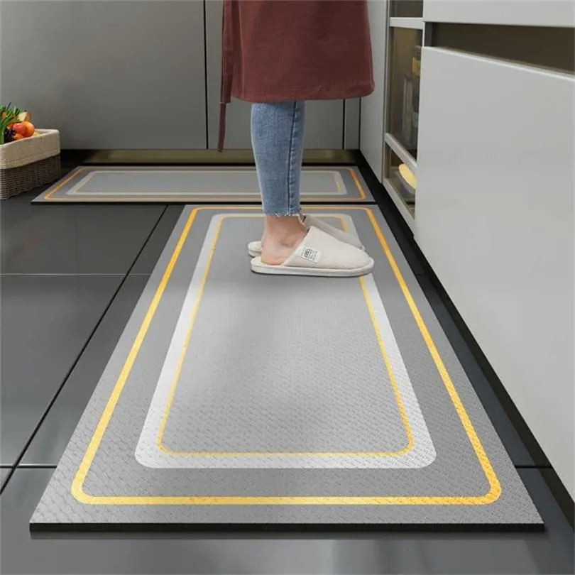 Kitchen Floor Long Carpets Non-slip Oil-proof Waterproof Rug Dirt-resistant Foot Pad Thick Leather Washable And Wipeable PVC Mat 211124