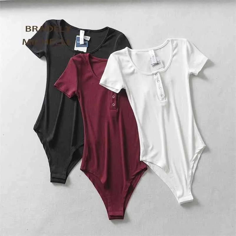 Bradely Michelle Jumpsuits för kvinnor mode bomullstoppar Sexig Slim Short-Sleeve O-Neck Strikkad Bodysuit Club Outwear 210728