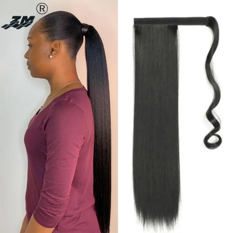 Syntetiska peruker Lång 22 "Silky Straight Wrap Ponytail Hårstycke för Kvinnor Klipp i Drawstring Hår Ponny Tail Fake