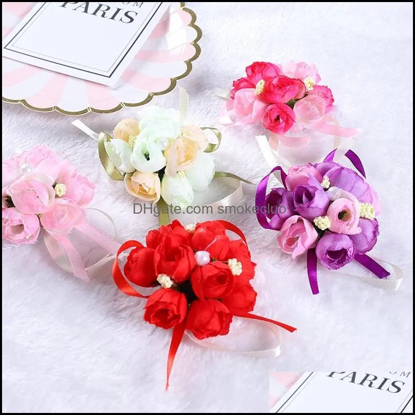 50pcs/set Wedding Wrist Flower Bridesmaid Sisters Wrist Corsage Decorative Flower Bridal Prom Hand Simulation Flowers Bracelet HHA772