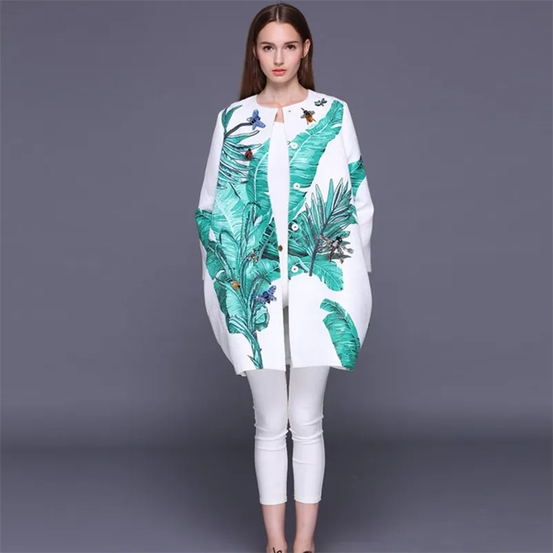 HIGH QUALITY est Autumn Winter Runway Designer Coat Women's Banana Leaves Print Jacquard Crystal Beading Trench 210521