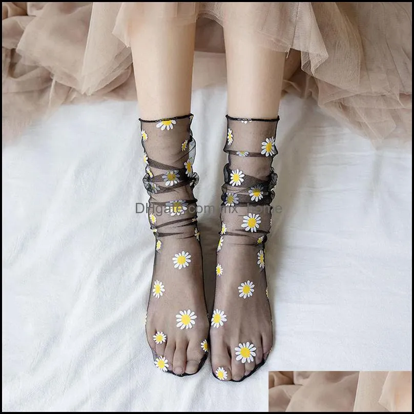 New Daisy Socks Women Sweet Floral Korea Japanese Harajuku Chiffon Mesh Breathable Sock For Ladies Transparent Sexy Socks