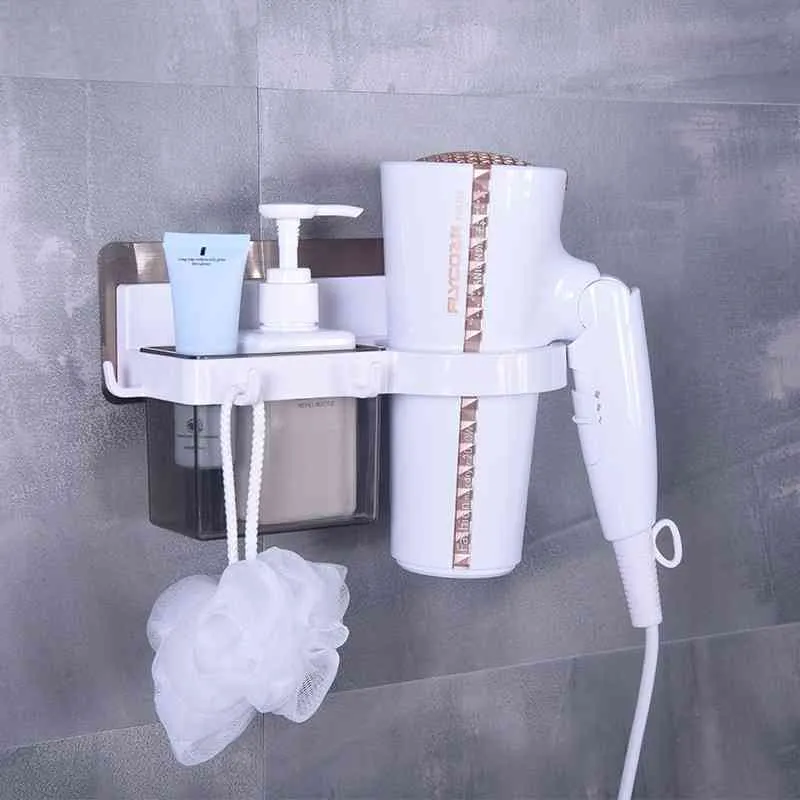 Wall Mounted Bathroom Organizer Hair Dryer Holder Storage Toiletries Household Items Hairdryer Rack Strong Sucker Shelf 210330287J