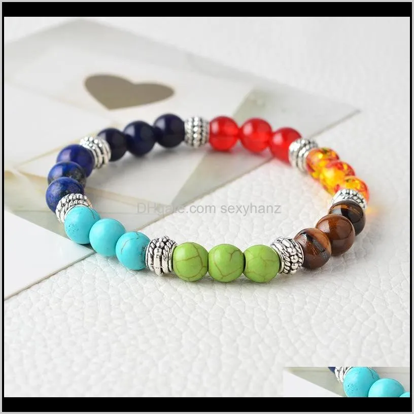 Kimter 8MM Yoga Bead Bracelets for Men Women 7 Chakra Healing Natural Stone Elastic Bracelet Handmade Gemstone Bangle Couple Jewelry B366S