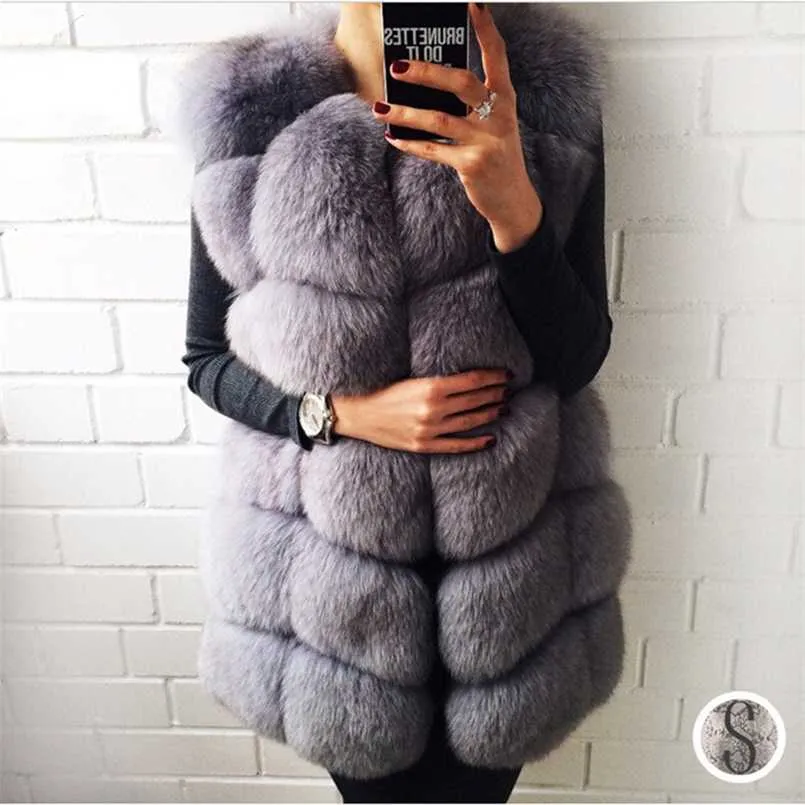 TRODEAM 70cm Long Faux Fur Vest For Women Genuine Leather Coats Winter Female Fur Jacket Luxury Outerwear Customize 211007