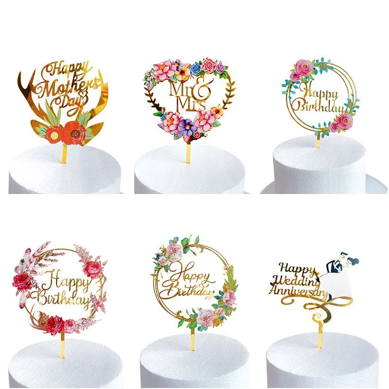 Creative Rose Gold Birthday Wedding Party Cake Decor Tools Girl Boy Acrylic Topper Baby Shower Dessert Accessories Tools