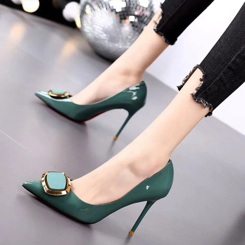 Klänning Skor Kvinnor Mode Sweet Green PU Läder Högklackat För Nattklubb Party Lady Classic Office Pumps