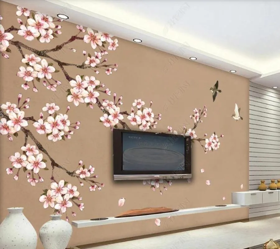 Bakgrundsbilder papel de parede handmålade persika blommor och fåglar 3d tapet väggmålning, vardagsrum TV vägg sovrum papper heminredning