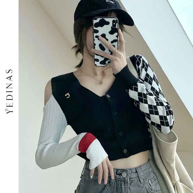 Yedinas Cropped Cardigan Women Autumn Casual Patchwork Knitted V Neck Sweater Long Sleeve Off Shoulder Tops Female Chic 210527