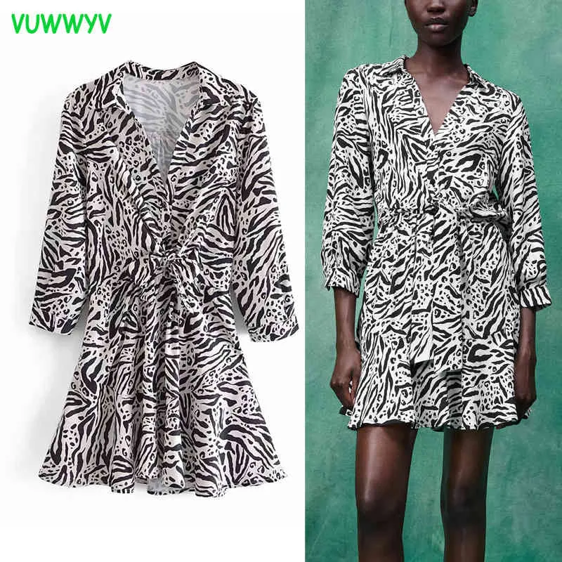 Robe d'été femmes noir imprimé léopard à volants Mini femme à manches longues africaine es mode noeud ceinture Vestidos 210430