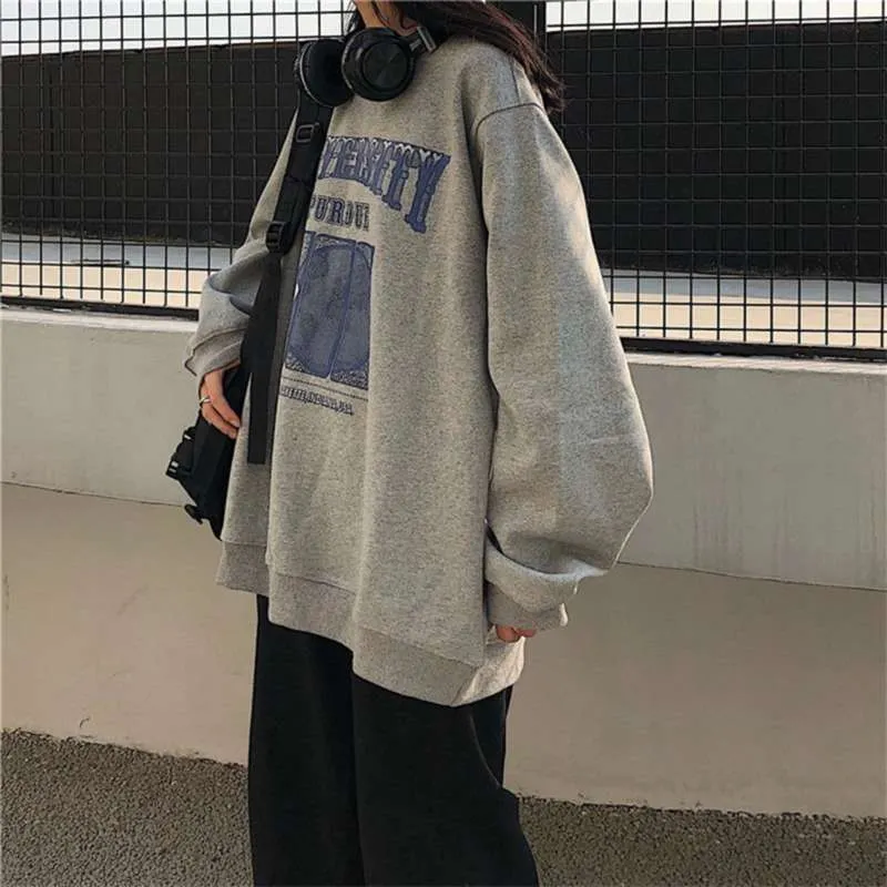 Wiosna Jesień O-Neck Sweter Kobiety Koreański Luźne Odzież Oversized Bluza Vintage Vintage Harajuku Koreański Hoodie 210928