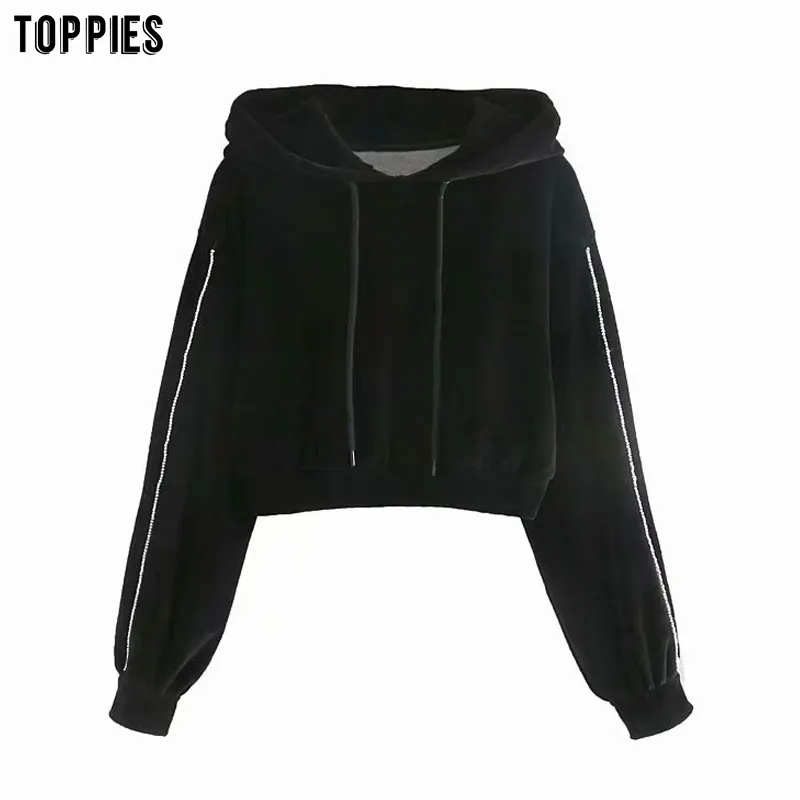 Toppies Fashion Cropped Hoodies Frau Sweatshirts Vintage Schwarz Samt Pullover Weibliche Pullover 210412
