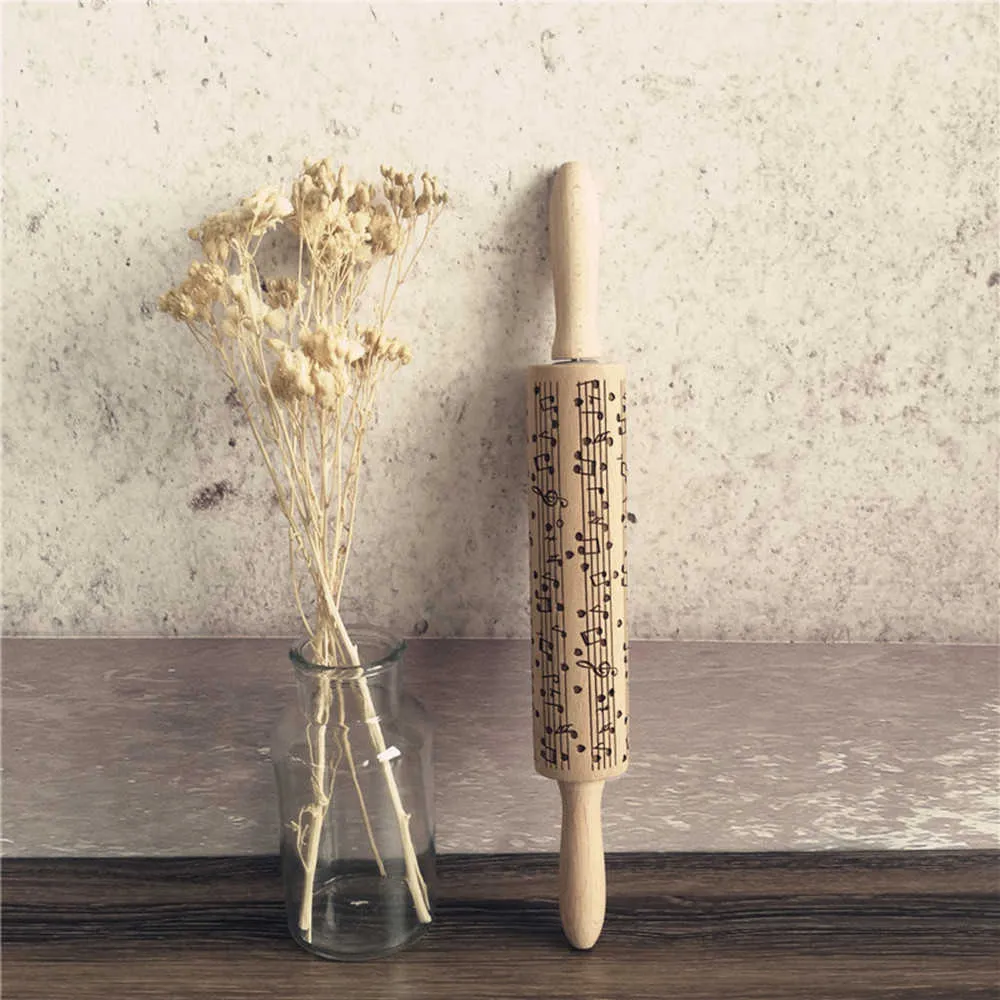Rolling Pins Beech Christmas Rolling Pin Engraved Embossed Natural Notes Friendly Kitchen Accessories Tool Oct25 211008