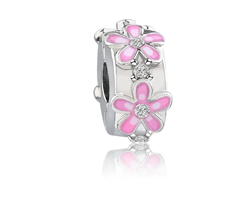Fits Pandora Bracelets Silver Pink Daisy Flower Safety Anti-Drop-Clip Buckle Charm Bead Stopper Beads For Wholesale Diy European Sterling Necklace