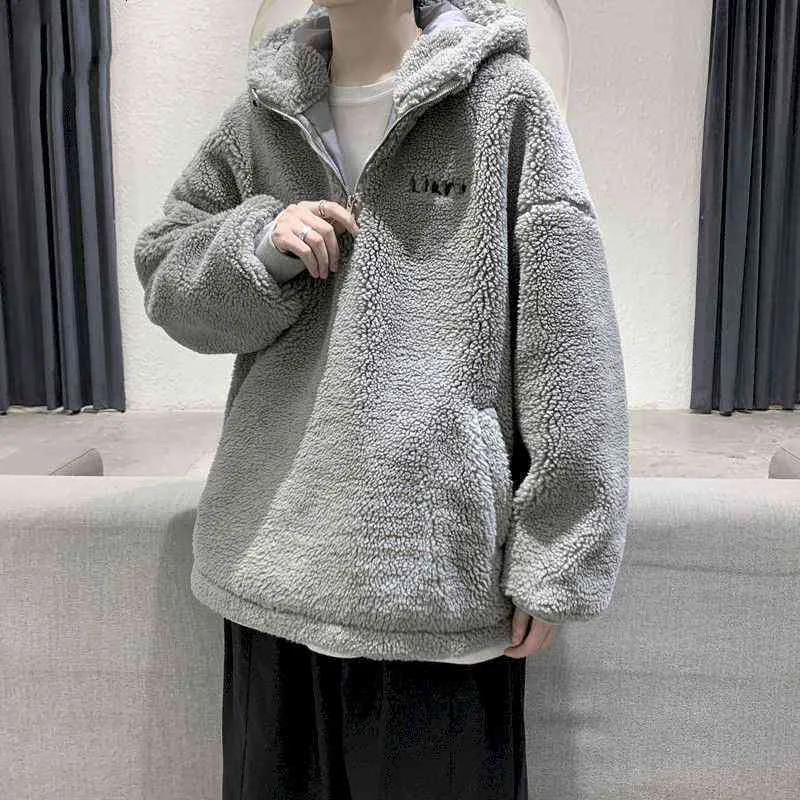 Spring Winter Men's Oversized Hoodies Plus Fleece Trendy Clothes Korean Version Loose Lamb Fleece Thickened Jacket Men Clothing H1206