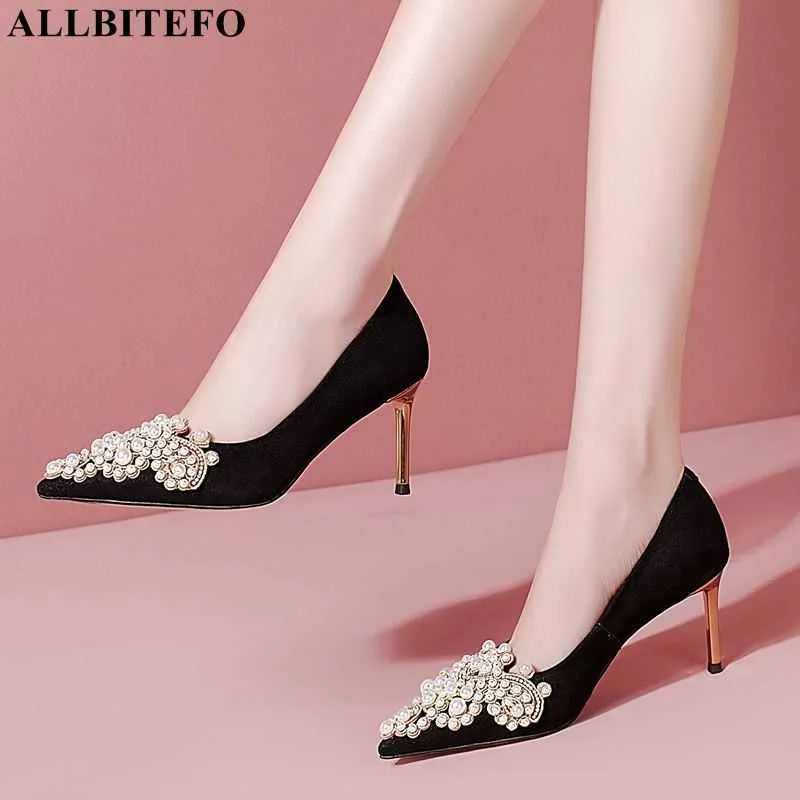 Allbetefo Sexy Gold Heels本革ハイヒールの結婚式の女性の靴ハイヒールの靴女性のハイヒールの靴210611