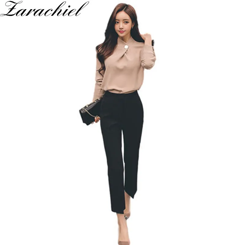 Koreaanse lente vrouwen elegante 2 stuk set ol formele werkkleding broek pak chiffon blouse shirt top + enkellange broek pakken 210416