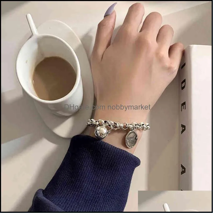 Korea heavy industry ball pendant bracelet female 925 Sterling Silver ins personalized old letter round brand Bracelet