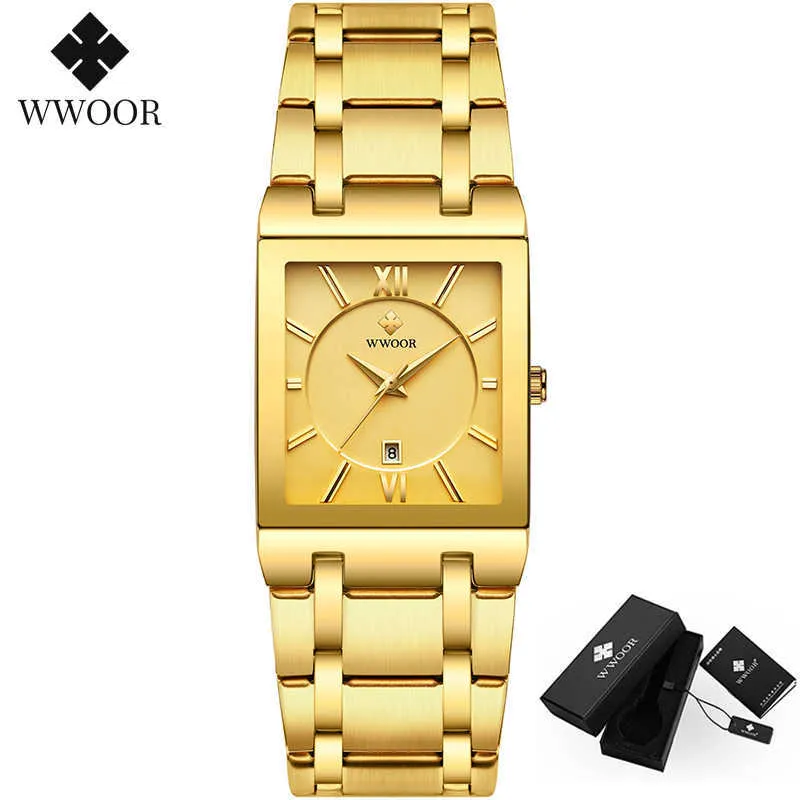 Wwoor Luxo Golden Wrist Watch Homens Retangular Assista Top Marca Mens Impermeável Aço Inoxidável Quartzo Clássico Relógios Masculinos 8858 210527