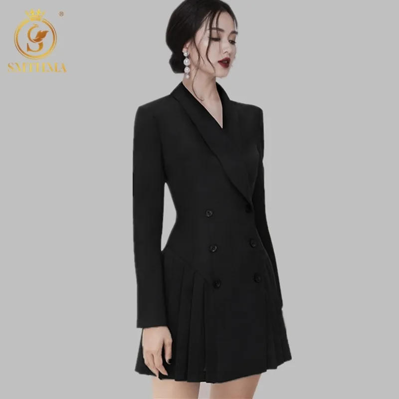 Double-breasted Notched Korea Dress Women Spring Black Pleated Dresses OL Slim Work Wear Vestidos 210520