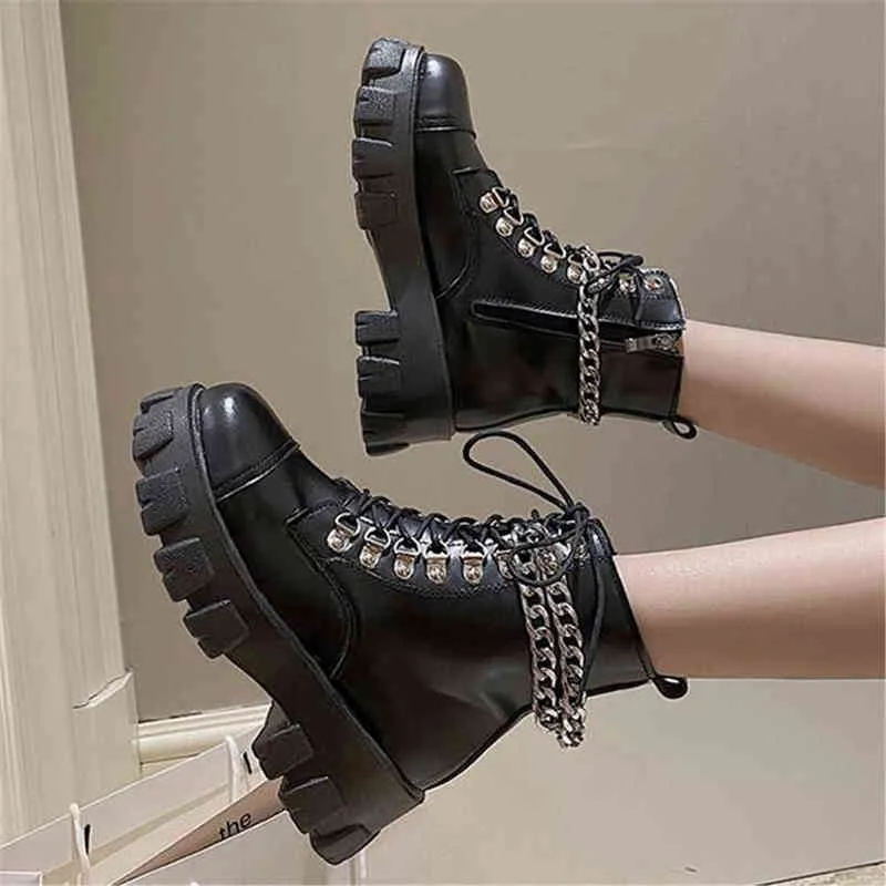 Dames Platform Punk Enkellaarzen Dames Lace Up Chain Goth Sneakers Mode Lederen Waterdichte Schoenen Vrouwelijke Schoenen Zwart Heet