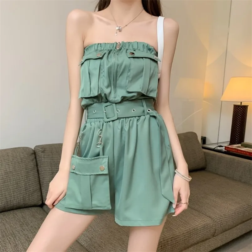 Women Rompers Summer Sexy Strapless Jumpsuit Solid Button Pocket Sleeveless Short Pants Wide Leg Overalls 210519