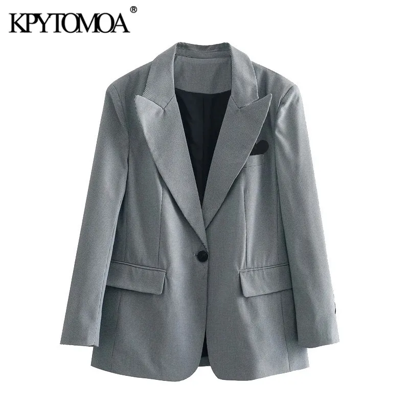 여성 패션 단일 버튼 느슨한 피팅 블레이저 코트 빈티지 긴 소매 포켓 여성 겉옷 세련된 veste 210416