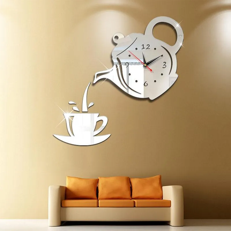 壁時計クリエイティブDIY 3D時計アクリルコーヒーカップティーポット装飾的なキッチンリビングルーム食事家の装飾U3